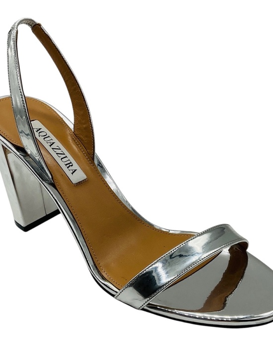 Aquazzura Shoes - AQUAZZURA SILVER METALLIC SHINY LEATHER SO NUDE BLOCK 85 SLINGBACK SANDAL